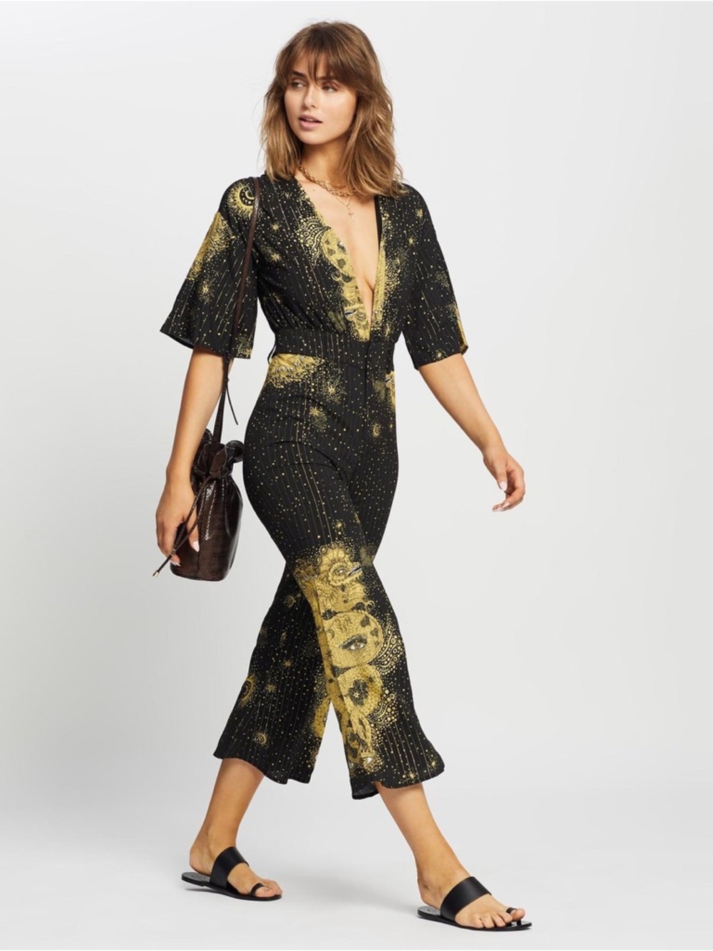 Lenni the label Black Jumpsuit with Gold Celestial Print